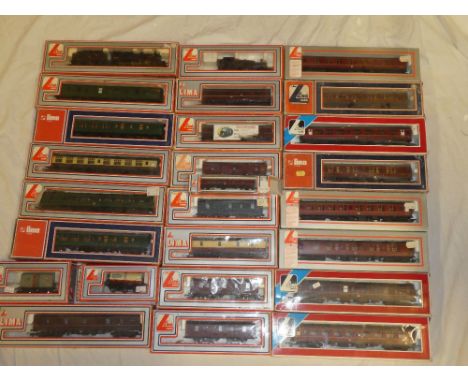 Lima OO gauge - boxed BR 2-6-0 locomotive and tender, one other boxed BR engine and a large selection of maroon/green carriag