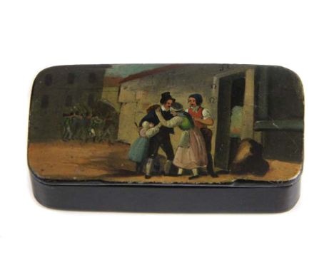 A Napoleonic papier mache snuff box, of rounded rectangular form, the cover painted with a family bidding farewell to the fat