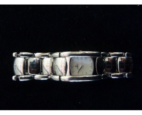 Ladies Ebel quartz bracelet watch, stainless steel panel link bracelet, cushion shaped mother of pearl dial, diamond set, cas