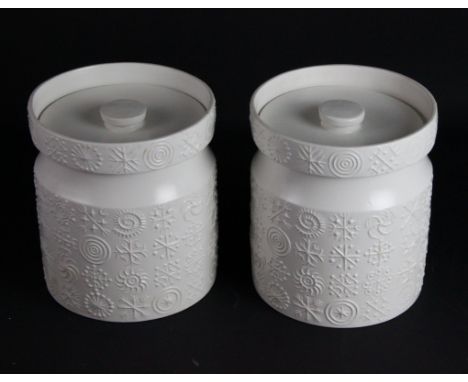 Susan Williams - Ellis for Portmerion Pottery, two Totem series large storage jars in the white, cylindrical moulded with bea