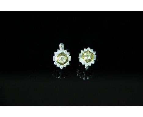 A pair of light yellow diamond and white diamond cluster earrings, each earring set to the centre with a light yellow brillia