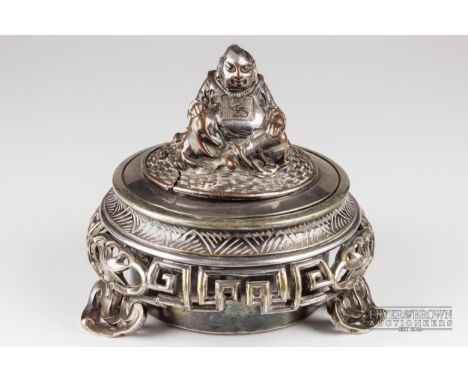 Elkington, Mason & Co silver plated inkwell with glass liner, in the Chinese manner with Buddha surmount, 12cm approx