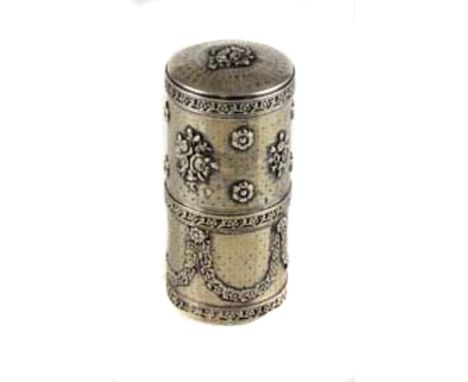 An antique French silver gilt empire style cased perfume bottle, c1830, the silver gilt tubular case finely engine turned, an