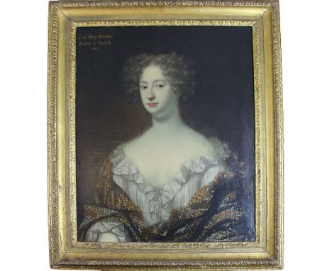 Henri Gascars - Lady Mary Mordant Dutchess of Norfolk 1685, seated with white gown edged in lace with an ochre and grey patte