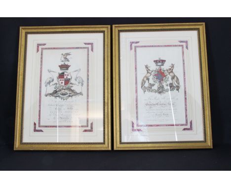 Two engraved Heraldic family crests for The Right Honourable Georgina Carolina Lenox, Baroness Holland of Holland, hand colou