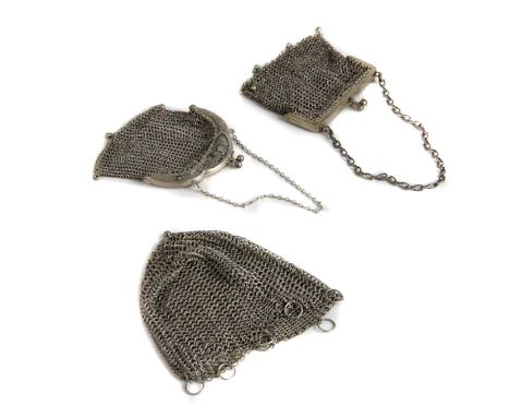 Three white metal chain link purses including one with rose patterned arch top frame (3)