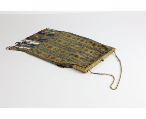 A large glass beaded bag, with gilt metal pierced work frame and chain handle, enamelled and jewelled with a floral garland, 