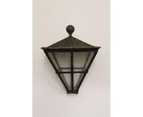 A Victorian cast iron and copper gas lantern of square section tapered towards the base, surmounted with a copper ball finial