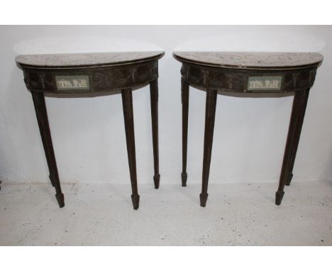 A fine and unusual pair of antique Anglo-Irish neo-classical adam style green painted console table with inlaid marble tops a