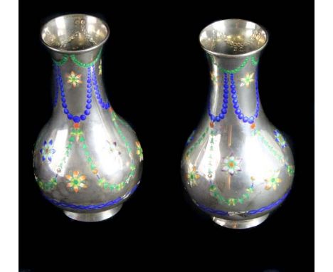 A pair of antique Japanese silver and champlevé enamel bottle vases, c1900, each vase of baluster form with coloured champlev