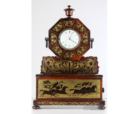 An unusual Regency brass inlaid rosewood clock by E.Moore London, c1815-1820, the octagonal rosewood case inlaid with brass f
