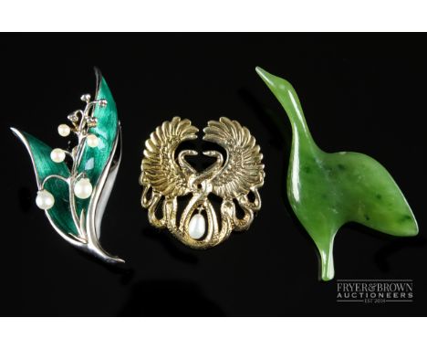 A cultured pearl silver and enamel Lily of the Valley brooch, possibly Danish; a silver gilt and cultured peal serpent brooch