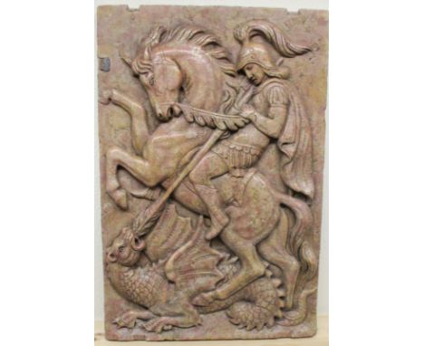 A 19thC carved marble relief panel, the Sienna type marble deeply carved with George slaying a writhing dragon, 80x 54cm