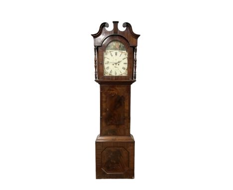 Late 19th century - mahogany 8-day longcase clock c1880, with a swans neck pediment  and break arch hood door, wide trunk wit