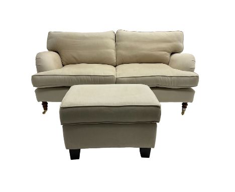 Two seat traditional shape sofa, upholstered in pale fabric; together with rectangular footstoolDimensions: Length/Width:&nbs