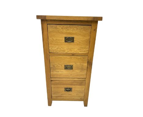 Light oak three drawer pedestal filing chestDimensions: Height:&nbsp;119cm&nbsp; Length/Width:&nbsp;62cm&nbsp; Depth/Diameter