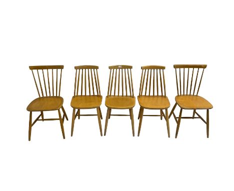 Set five mid 20th century light elm and beech dining chairs, stick back raised on splayed supports united by H stretcherDimen