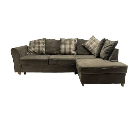 Corner sofa upholstered in grey fabric, with contrasting grey and checkered scatter cushionsDimensions: Height:&nbsp;74cm&nbs