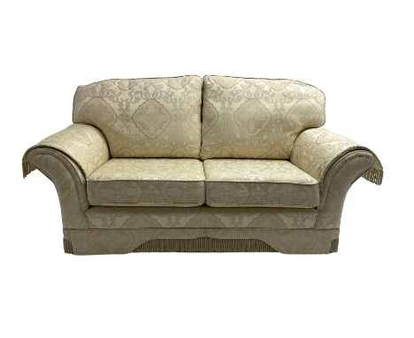 Two seat sofa (W187cm) and two matching armchairs (W112cm) upholstered in cream damask fabric