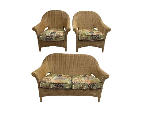 Three-piece 20th century cane conservatory suite - two seat sofa (W145cm D80cm H95cm) and pair matching armchairs (W5cm) with