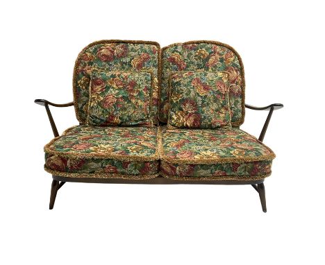 Ercol - dark elm and beech two seater sofa, with loose floral cushionsDimensions: Height:&nbsp;88cm&nbsp; Length/Width:&nbsp;