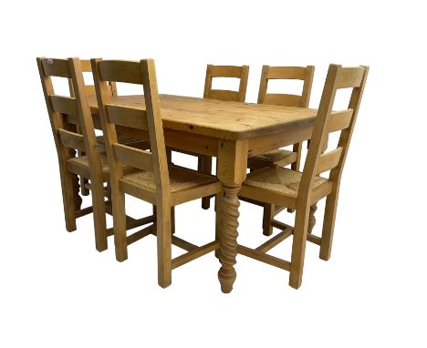 Solid pine dining table, rectangular top on spiral turned supports; together with set six pine ladder back dining chairs Dime