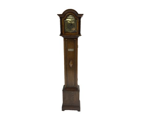 English - Mid 20th century oak three train 8-day grandmother clock, with a break-arch pediment and conforming hood door flank