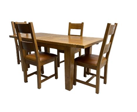 Light oak rectangular extending dining table with leaf (W180cm, D90cm, H79cm); together with four dining chairs