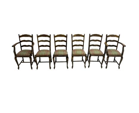Set six (4+2) Georgian design oak dining chairs, ladder back with shaped rails carved with rose, drop-in seat upholstered in 