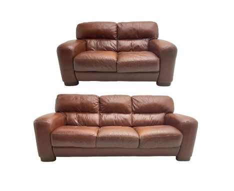 Three seat sofa upholstered in chocolate brown leather, and matching two seater sofaDimensions: Height:&nbsp;88cm&nbsp; Lengt