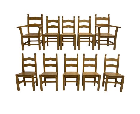 Set ten (8+2) beech dining chairs, waived ladder backs raised on square supports united by stretchersDimensions: Height:&nbsp