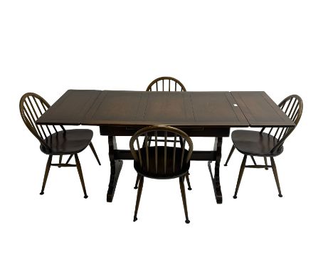 Ercol - dark elm and beech extending dining table, and four stick back chairs Dimensions: Height:&nbsp;74cm&nbsp; Length/Widt