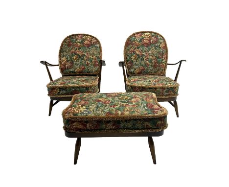 Ercol - pair of dark elm and beech easy chairs, and matching footstool Dimensions: Height:&nbsp;78cm&nbsp; Length/Width:&nbsp