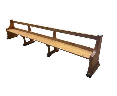 20th century pine church pew or bench, raised on chamfered supports with sledge feetDimensions: Height:&nbsp;84cm&nbsp; Lengt