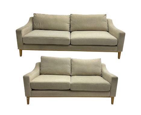 Noble &amp; Jones - three seat sofa, upholstered in a beige fabric, square tapering supports (W224cm) and a matching two seat