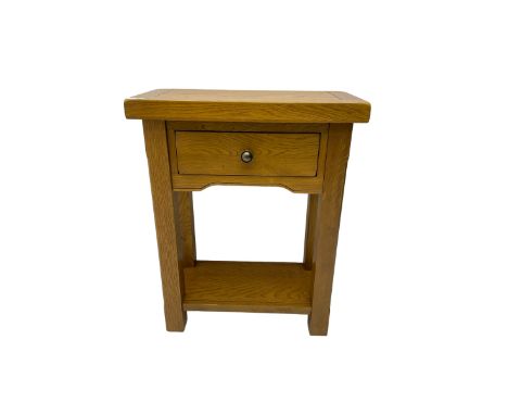 Solid light oak side table, fitted with single drawer, raised on square chamfered supports united by under tierDimensions: He