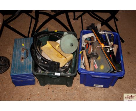 Three boxes containing various hand tools and fittings