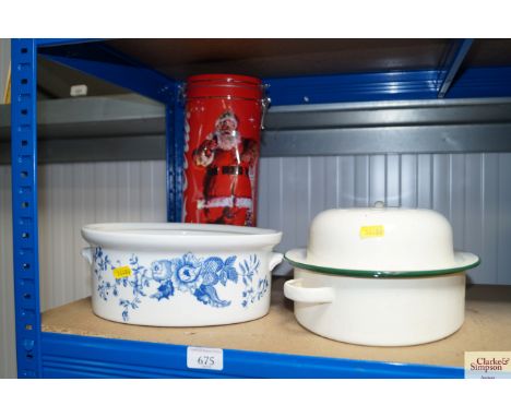 A Coca Cola Christmas tin together with an enamel cooking dish etc.