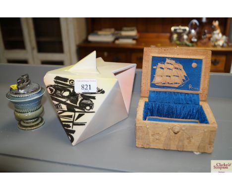 A small cork work trinket box; Art Deco teapot and a table lighter 