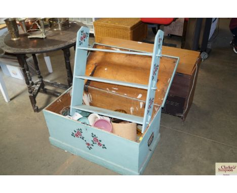 A blue painted pine trunk with matching shelf together with a contents of various china etc