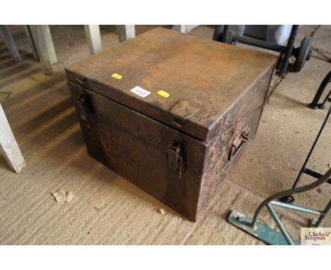 A metal tool box and contents of tools to include an axe, grinding wheel etc