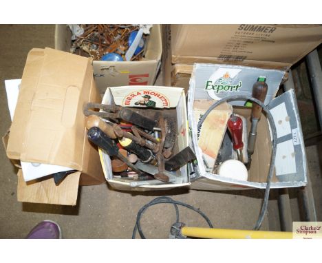 Three boxes of assorted hand tools and fittings