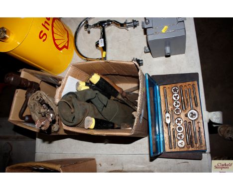 Two boxes of various tools to include drill brace; chisels etc