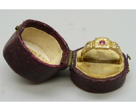 A late Victorian 18ct gold, ruby and diamond ring, Birmingham 1896, 4g, Q, with antique ring box 