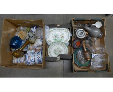 Three boxes of assorted items including Chinese ceramics, an oil lamp, four chemist's bottles, etc.**PLEASE NOTE THIS LOT IS 