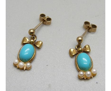 A pair of 9ct gold, pearl and turquoise earrings, 1.6g 