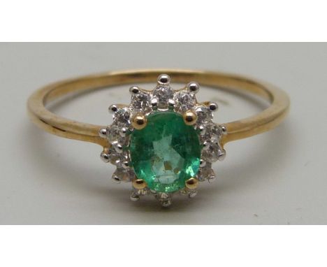 A 9ct gold, white stone and Zambian emerald ring, 1.8g, U 