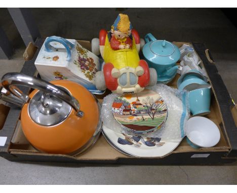 A Noritake tea set, a cheese dome, a set of five Poole plates, a Stylecraft Midwinter plate, a pewter charger and a Noddy car