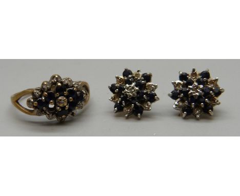 A 9ct gold, diamond and sapphire ring, a/f,  stones missing and a pair of similar earrings, 4.2g total weight, ring size M 