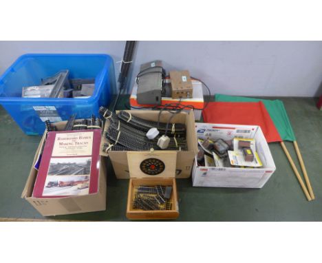 Model rail accessories, track, three controllers, point motors, railway buildings, engine shed, bridge, etc.**PLEASE NOTE THI